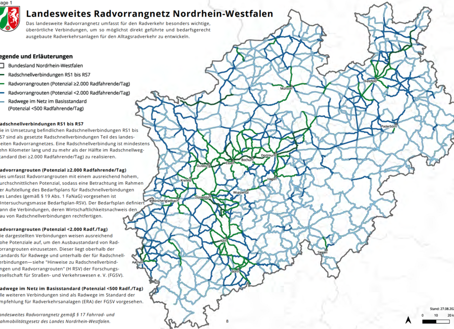 Definiertes_Landesweites_Radvorrangnetz_09.2026_MUNV_NRW Das landesweite Radvorrangnetz umfasst für den Radverkehr besonders wichtige, überörtliche Verbindungen, um so möglichst direkt geführte und bedarfsgerecht ausgebaute Radverkehrsanlagen für den Alltagsradverkehr zu entwickeln.